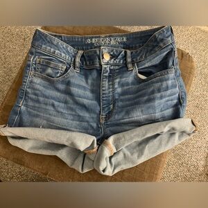 American Eagle Outfitters Women's Hi Rise Shortie Frayed Hem Jean Shorts